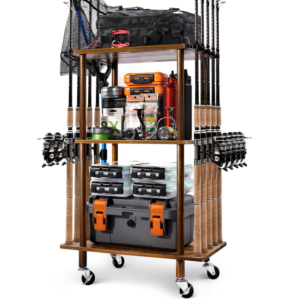 Ghosthorn 3-Tier Wooden Fishing Rod Holder Cart - front view with 10-rod capacity