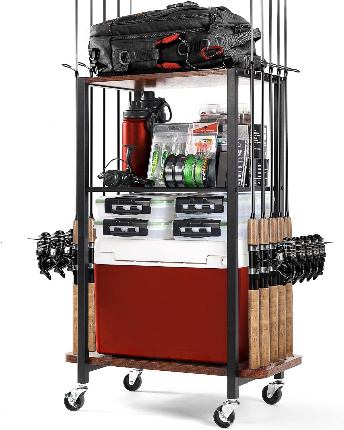 Ghosthorn 10-rod fishing rod holder mounted in garage for storage