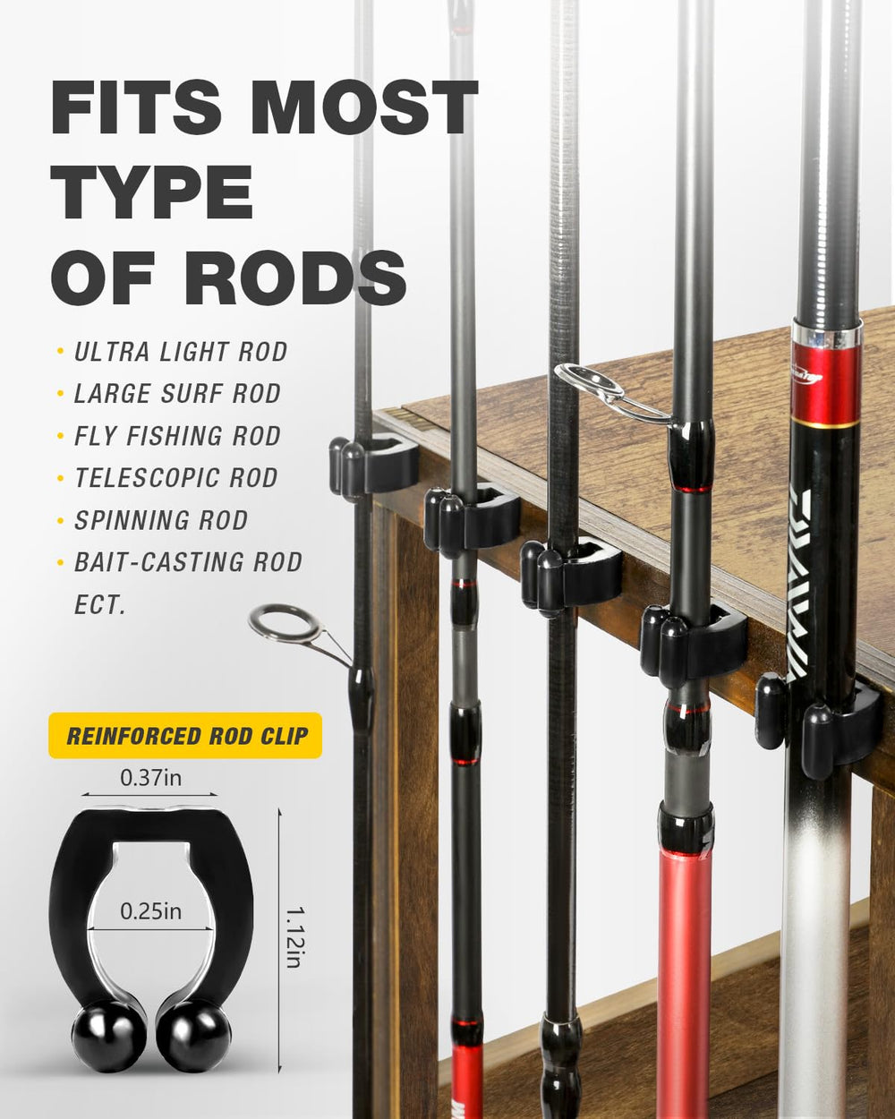 Wood fishing rod rack installed in a garage for organized storage