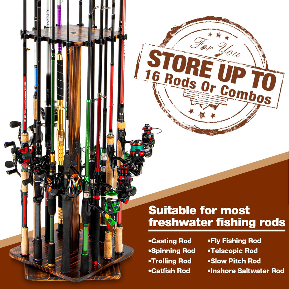 Rack holding up to 16 fishing rods with reels