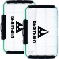 Ghosthorn tackle box 3600-2-pack open view with removable dividers for versatile storage.