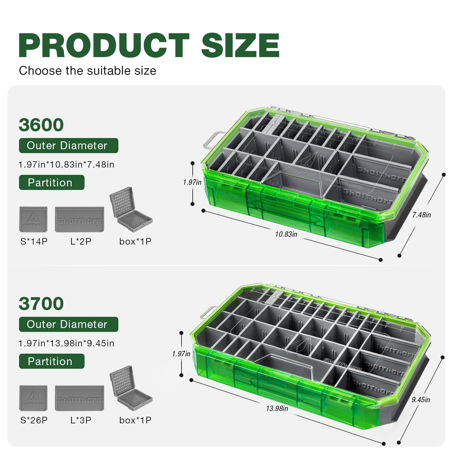 Ghosthorn tackle box removable dividers create a custom storage layout for varied tackle.