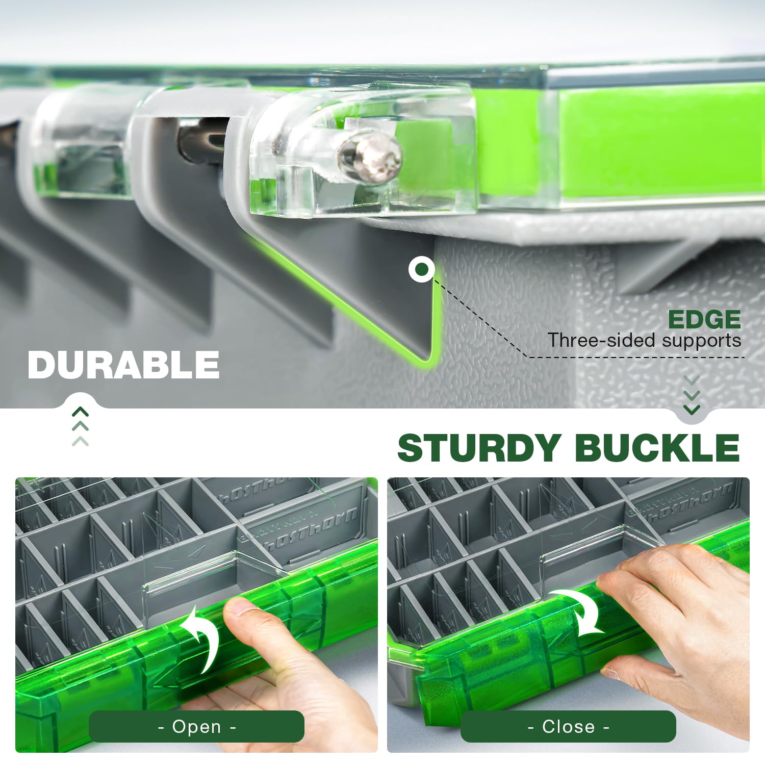Ghosthorn tackle box transparent cover enables quick bait identification during a session.