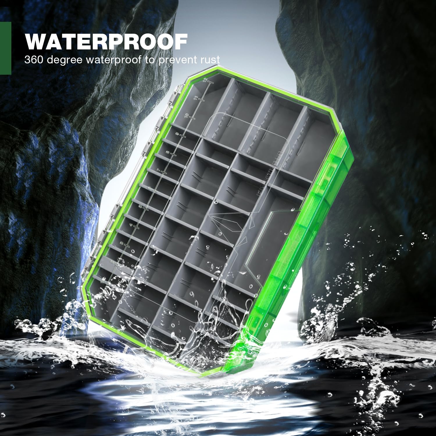 Ghosthorn tackle box transparent lid enables quick bait changes on the water.