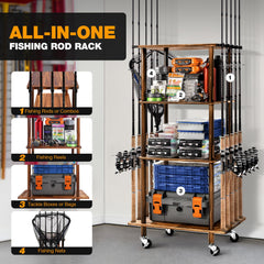 Close-up of wooden fishing rod holder with rod slots