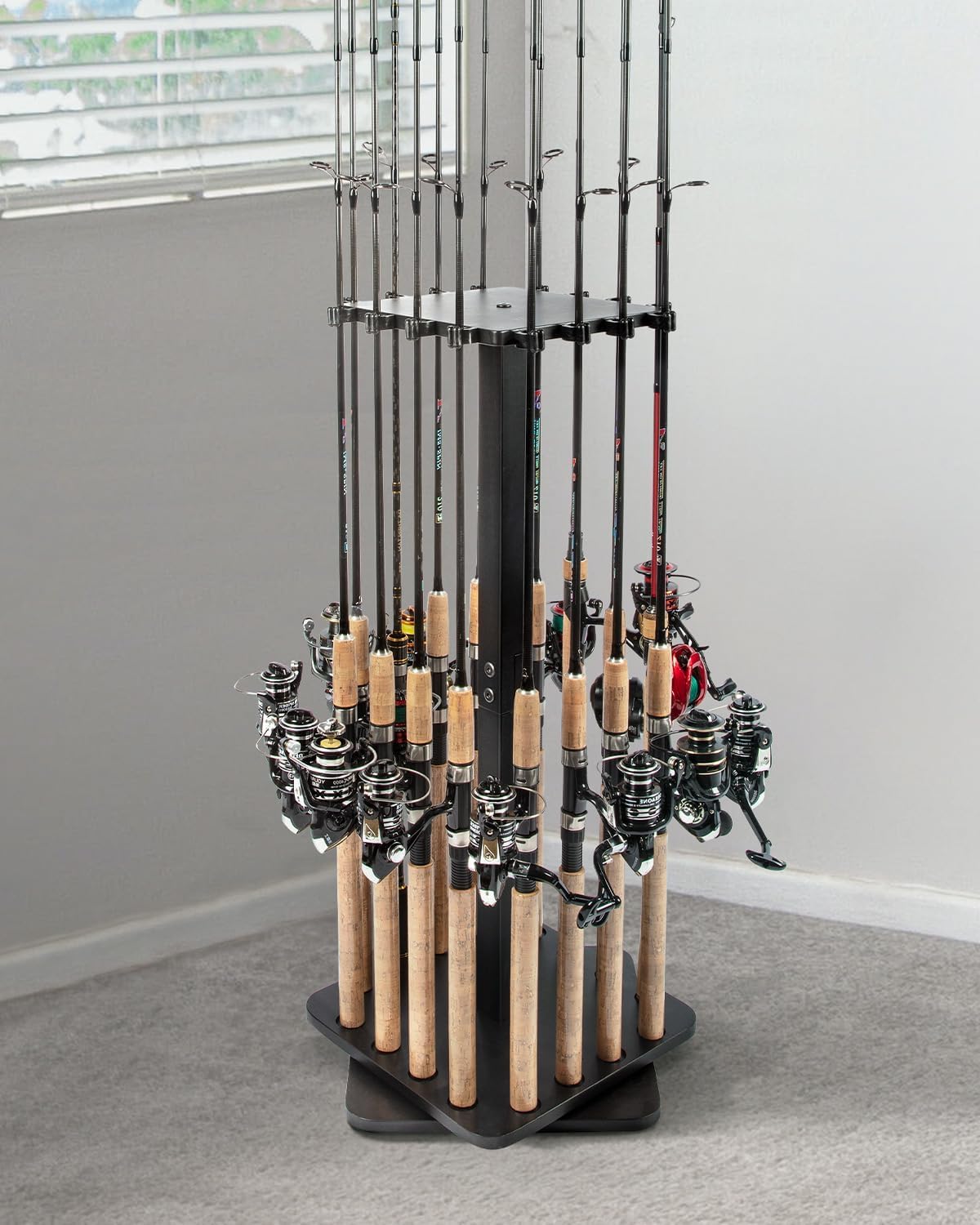 Wooden fishing rod rack with rotating design in a garage setup
