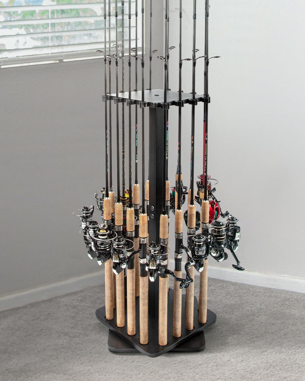 Wooden fishing rod rack with rotating design in a garage setup