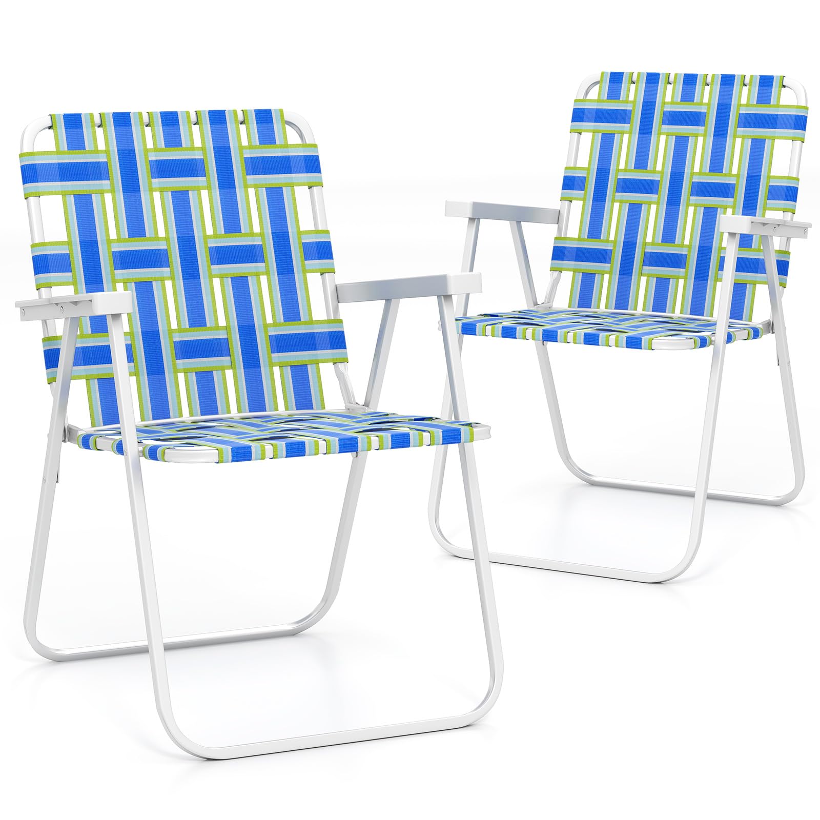 Giantex 2-pack blue folding chairs, front view, sturdy for outdoor seating