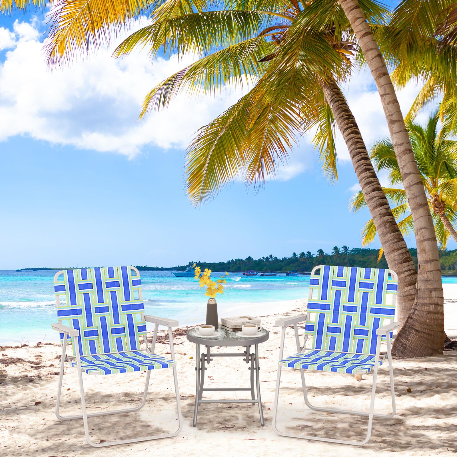Giantex blue beach chair folded compact, easy transport and storage.