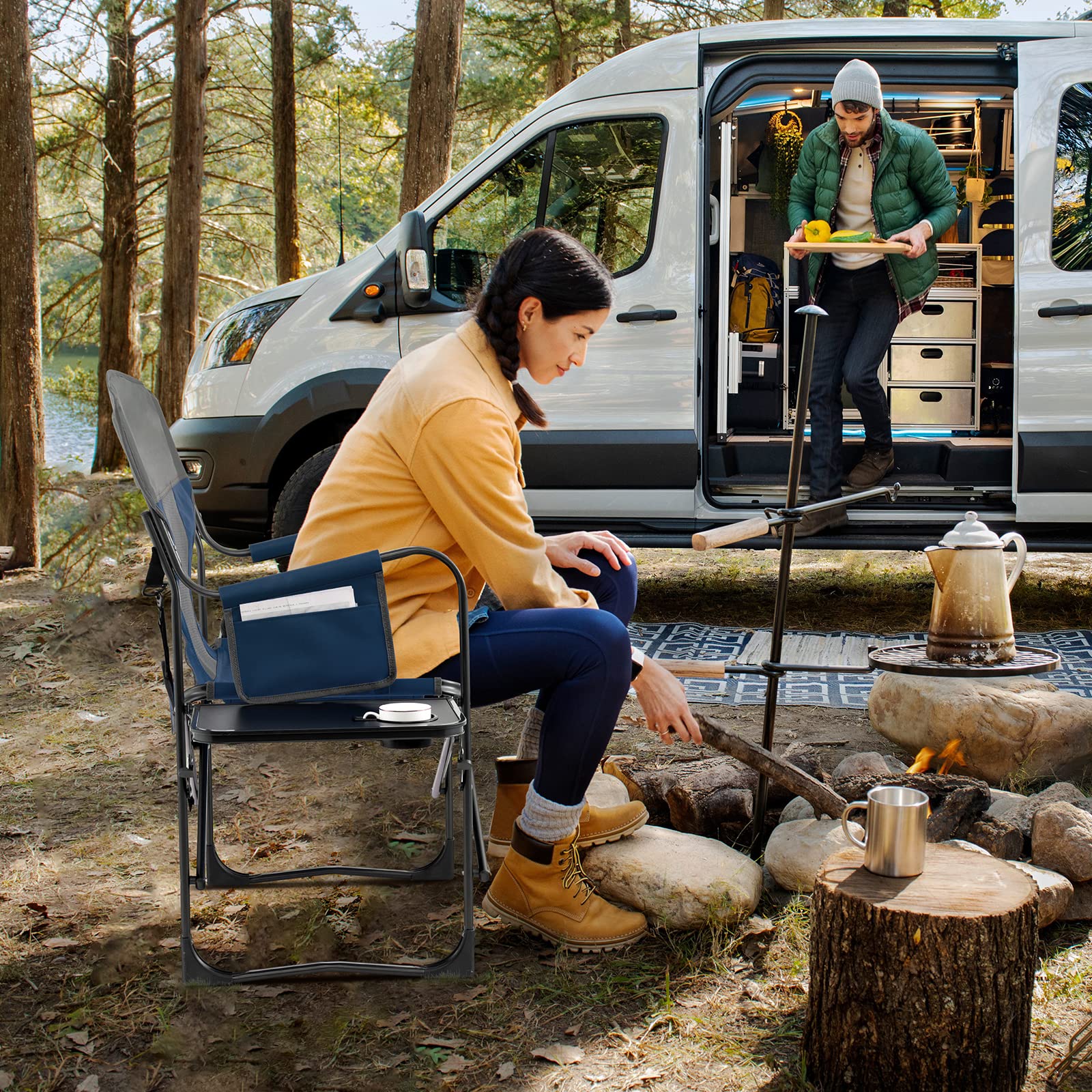 Giantex camping chair with built-in cooler bag maintains beverages cool on the go.