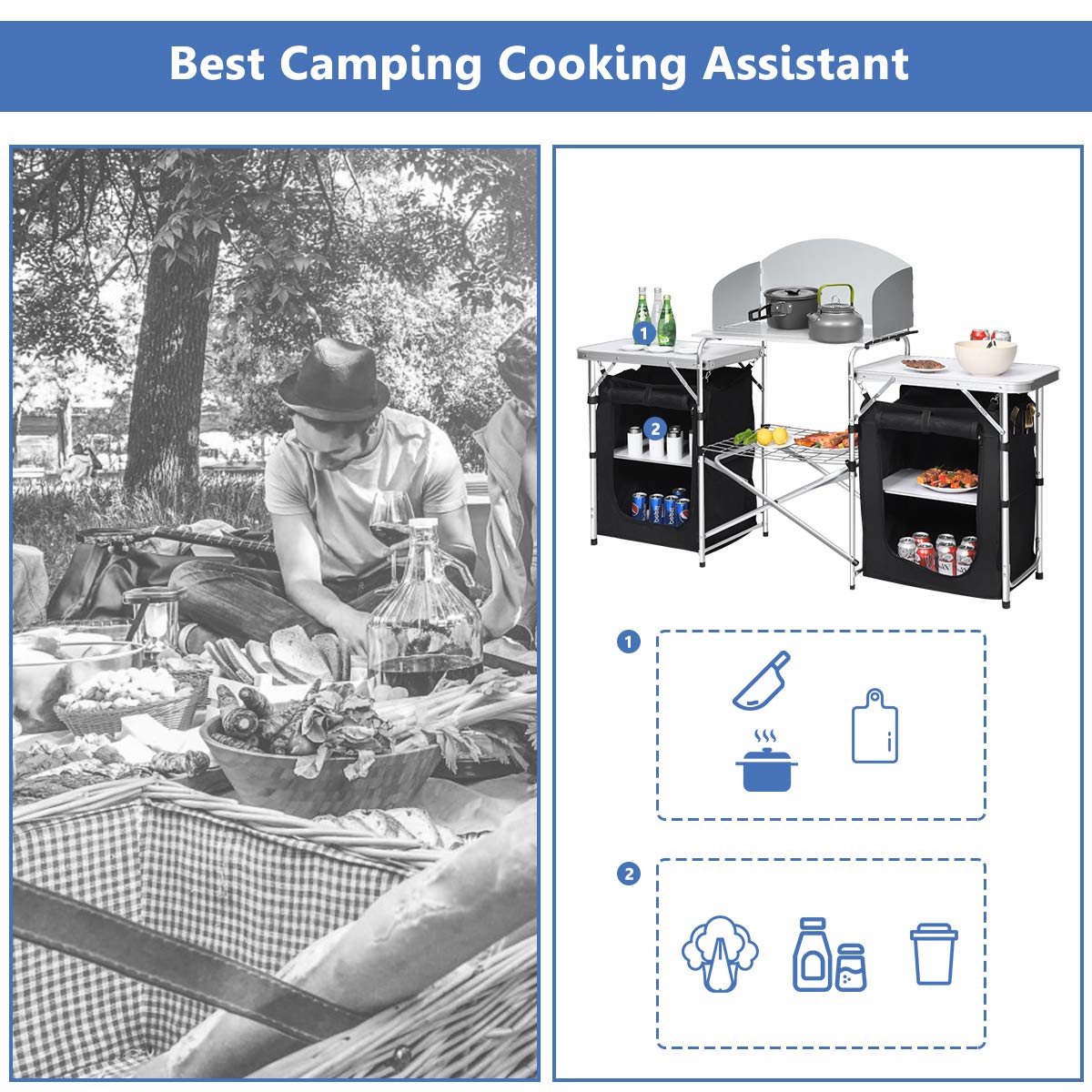 Giantex camping kitchen station detachable windscreen enhances wind protection while cooking
