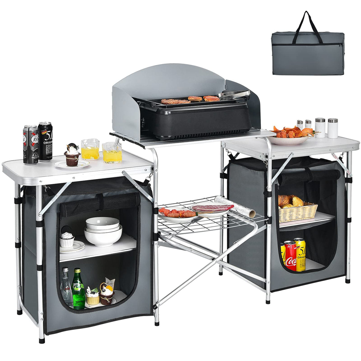Giantex camping kitchen table top with windscreen enhances stability and airflow for outdoor cooking.