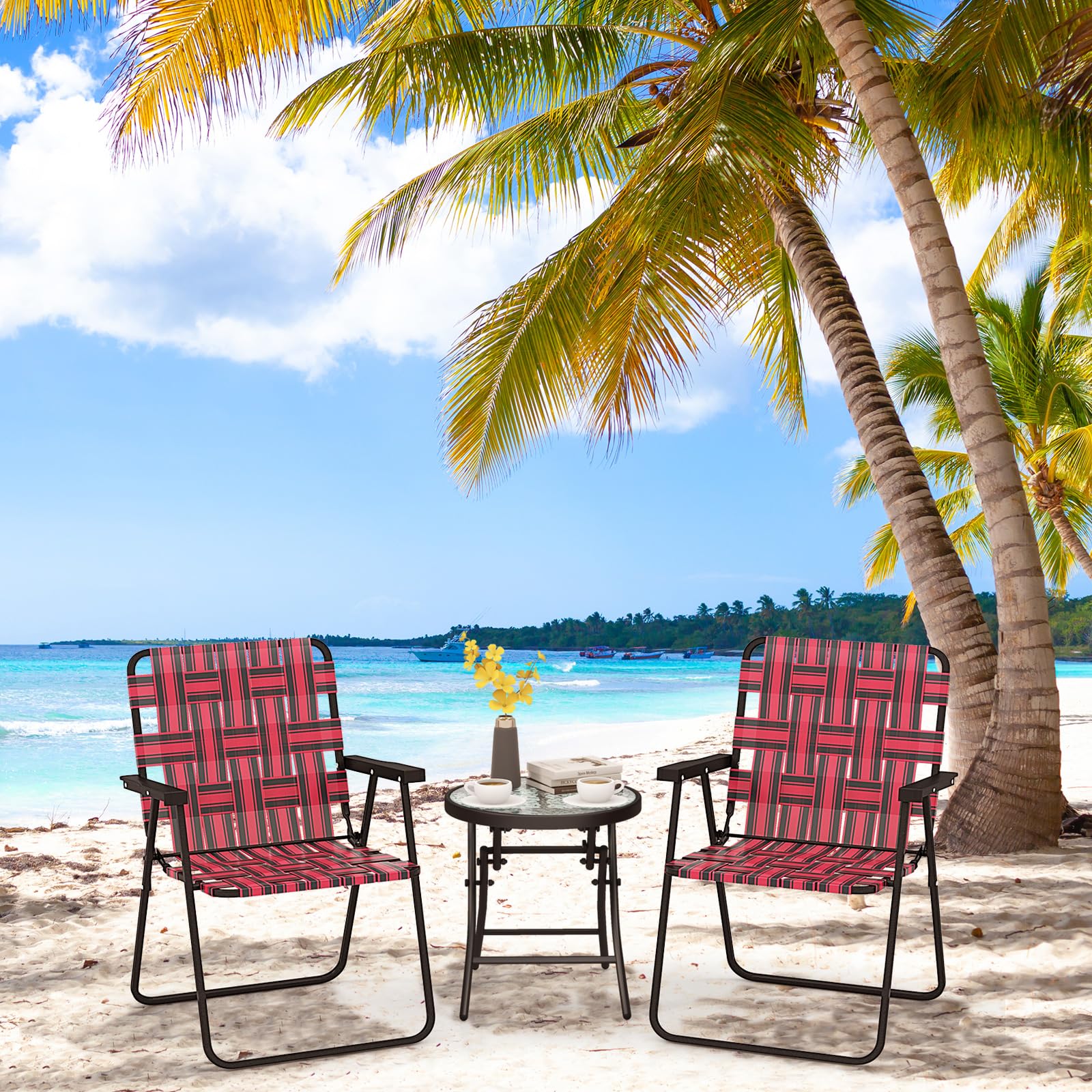 Giantex red chair beside fishing gear, ideal for outdoor lounging.