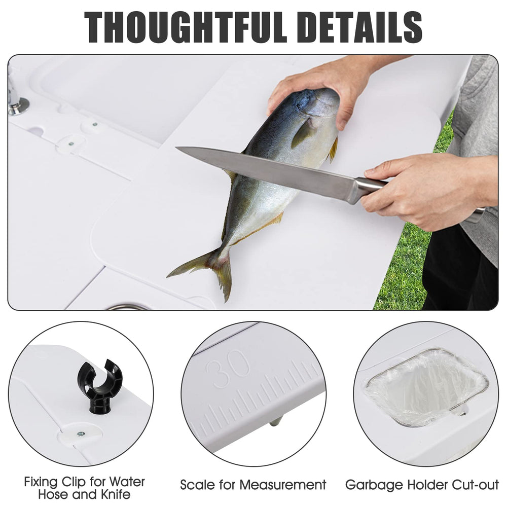Giantex measuring marks on tabletop to gauge fish size