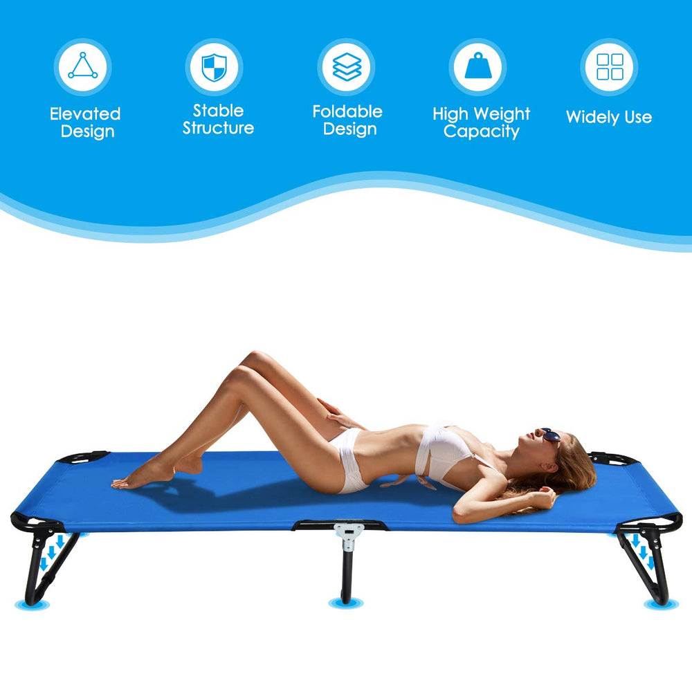 Giantex cot in blue emphasizes portability and home-away comfort.