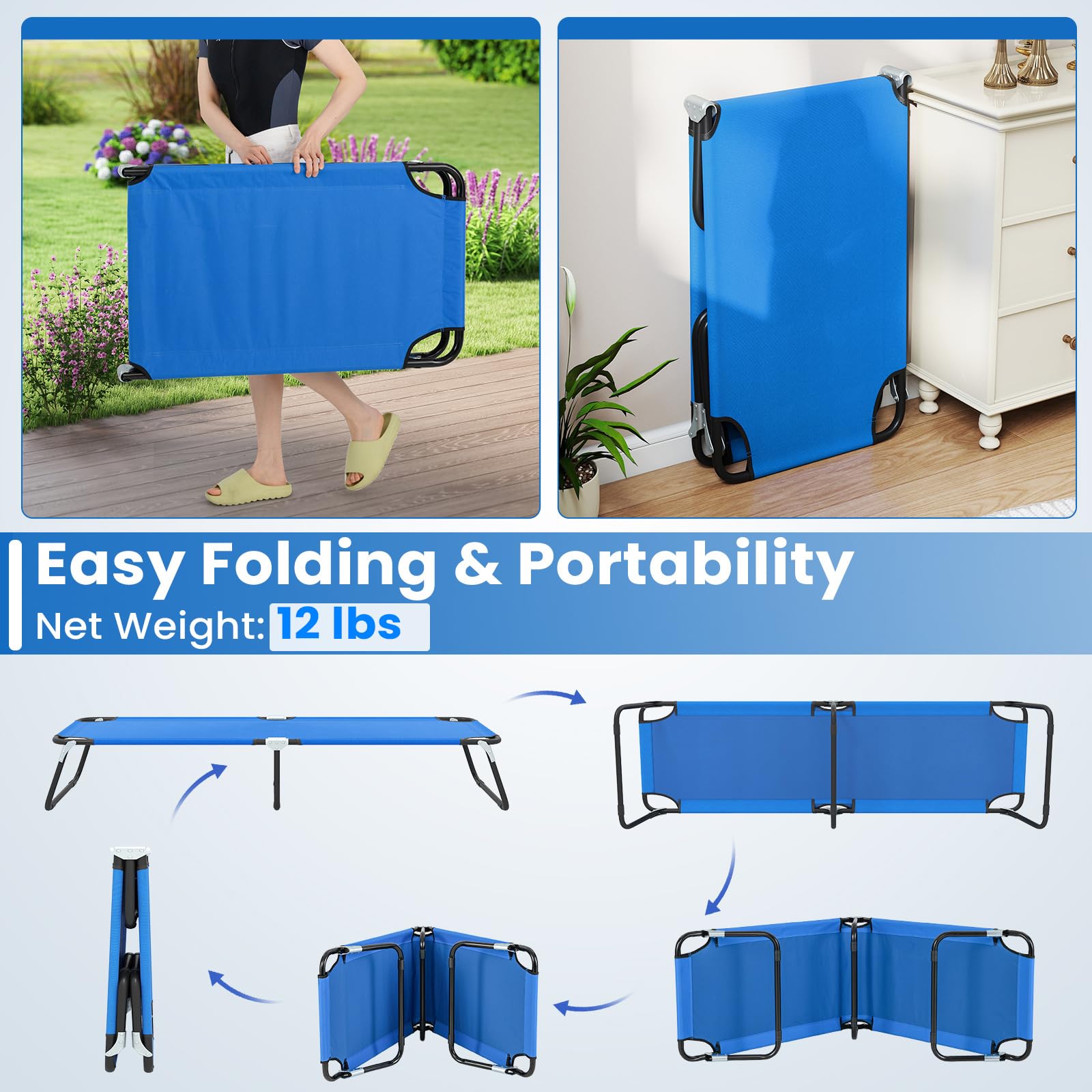 Giantex cot suitable for indoor and outdoor use, versatile sleeping solution.