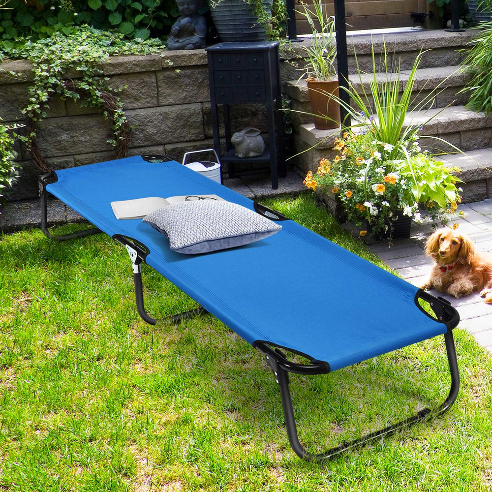 Giantex cot highlights lightweight design for easy transport.