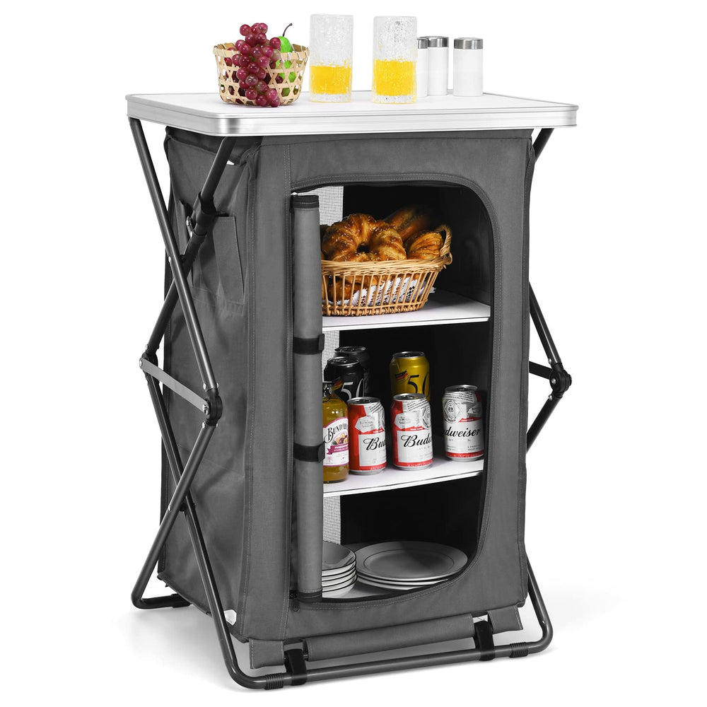 Giantex folding camping storage cabinet top board ideal for snacks and beverages.