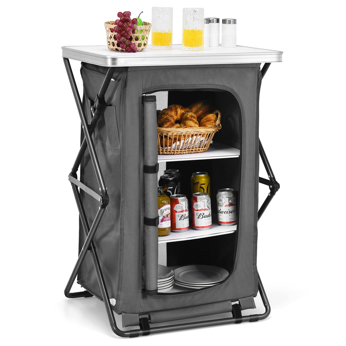 Giantex folding camping storage cabinet top board ideal for snacks and beverages.