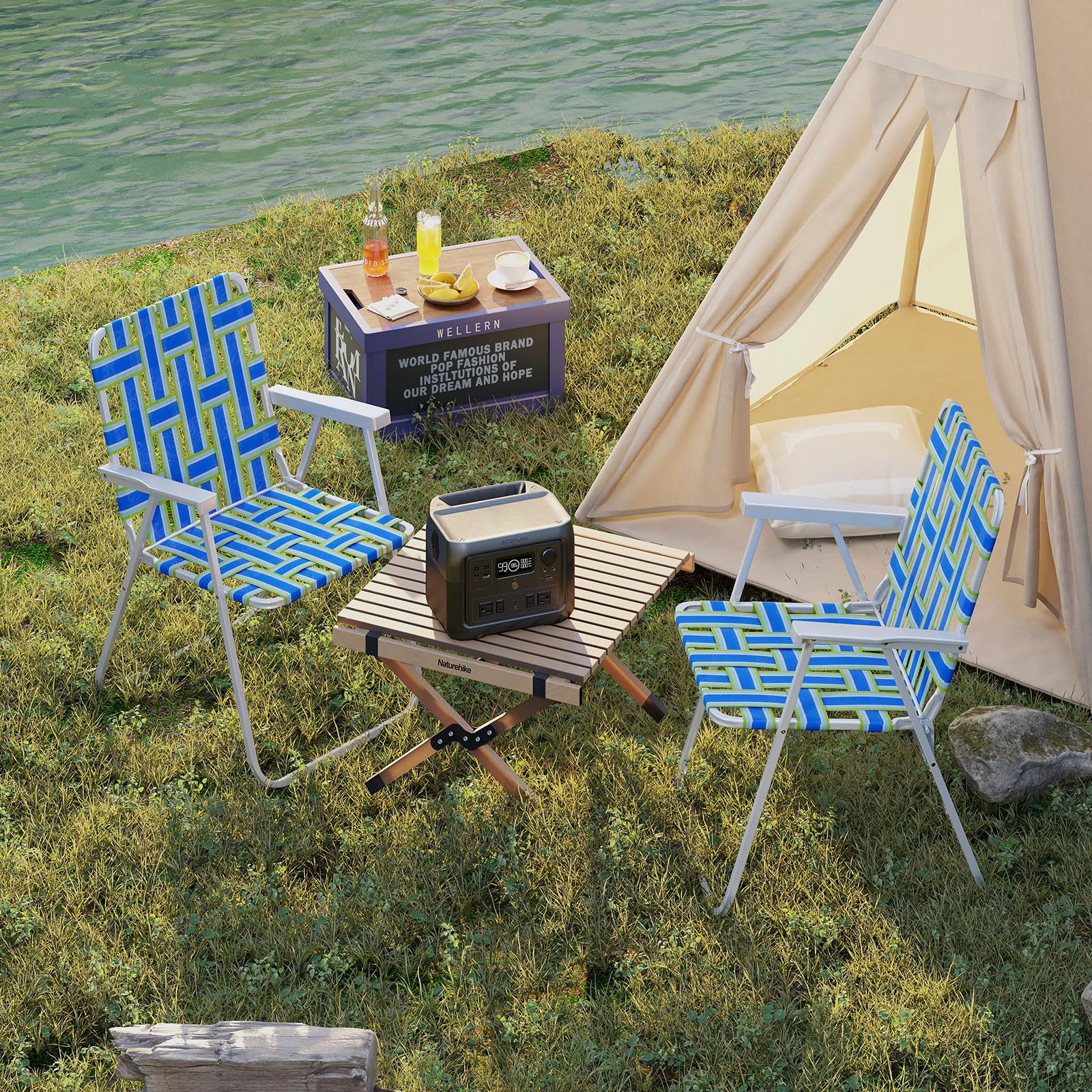 Giantex blue chair in use at a picnic, showing back tilt and armrests
