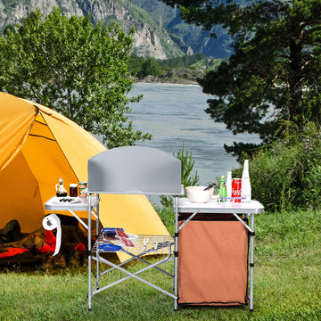 Giantex folding grill table detachable windscreen enhances flame control outdoors.
