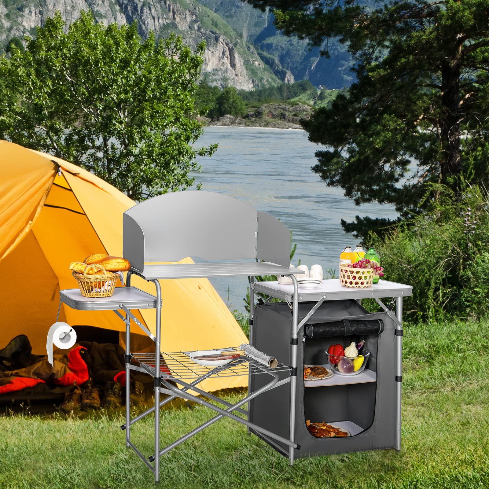 Giantex folding grill table with side tables and lower shelf for organized gear