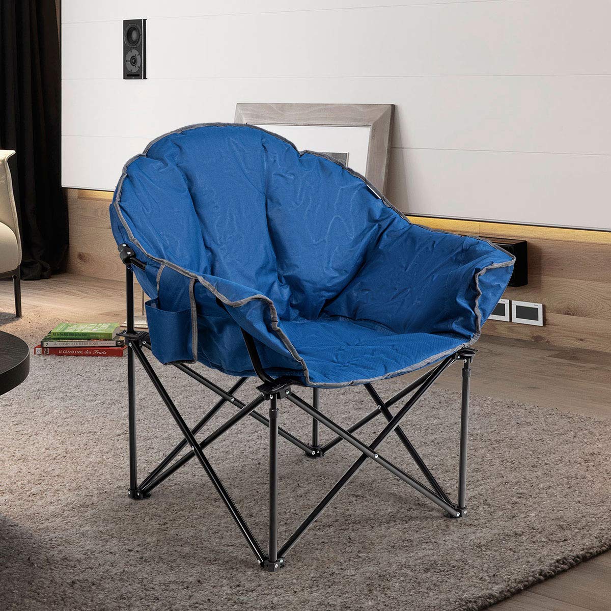 Giantex Moon Saucer Chair Navy assembled on patio for stable outdoor seating.