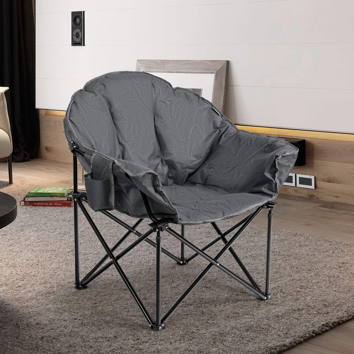 Giantex Moon Saucer Chair with side cup holder for outdoor picnics.