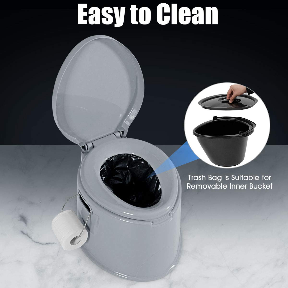 Giantex portable travel toilet is easy to clean with removable bucket.