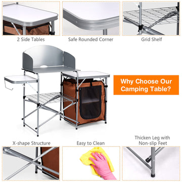 Giantex side tables and lower shelf organize tools and condiments.