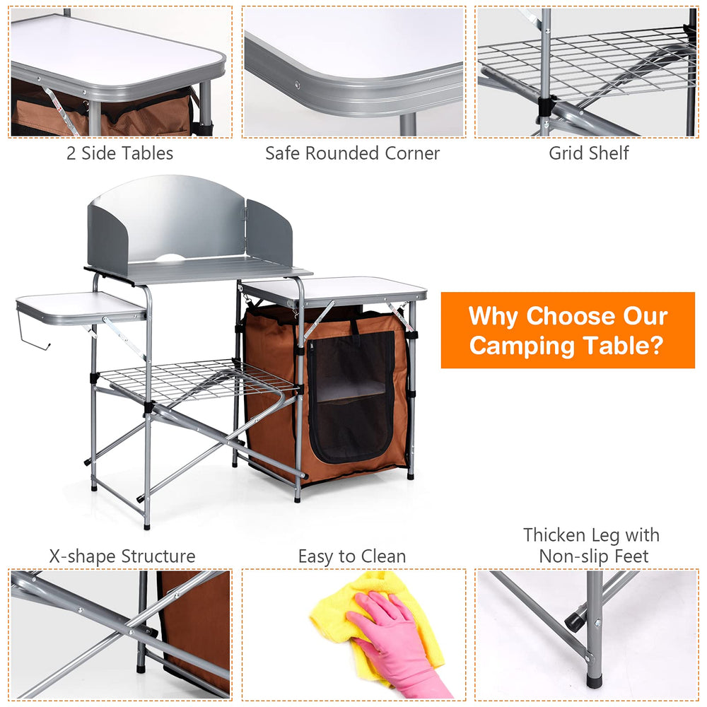 Giantex side tables and lower shelf organize tools and condiments.