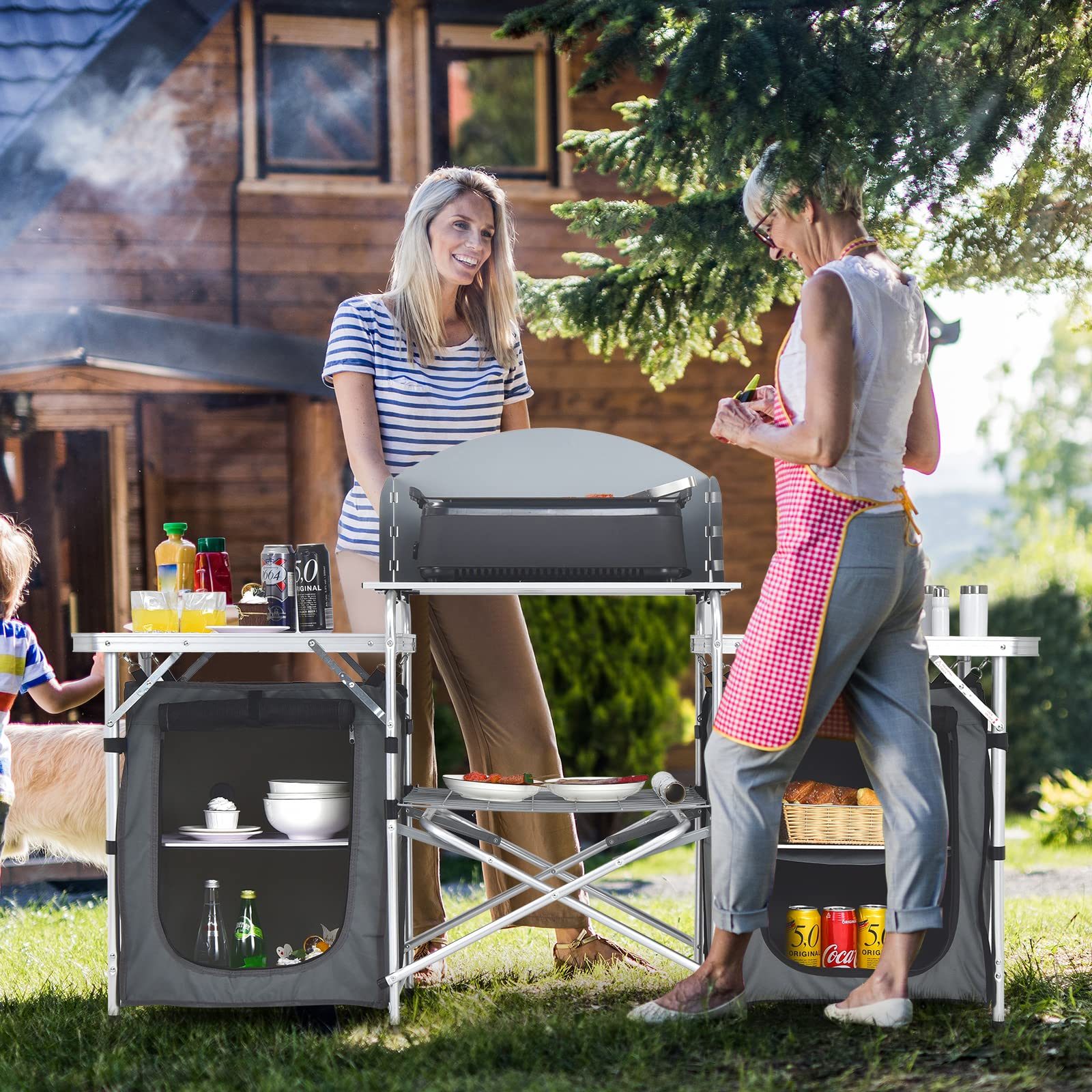 Giantex side tables expand prep space for utensils and condiments during meals.
