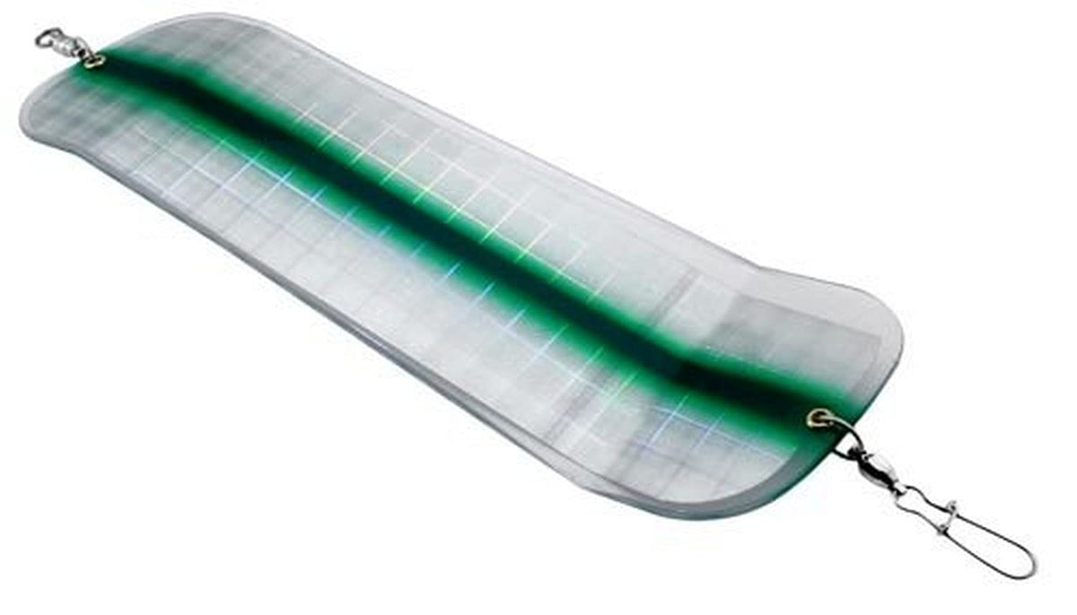 Gibbs-Delta Highliner Flasher Ultra-Violet Green Stripe enhances lifelike lure action for trolling