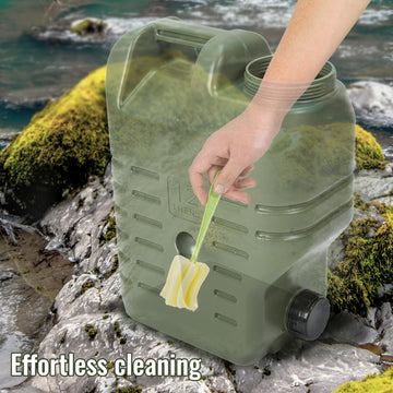 GIGYES camping water jug spigot and hose storage for controlled pouring.