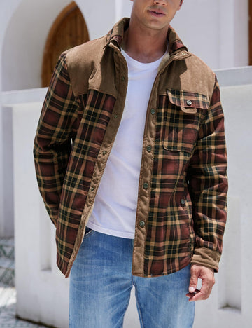Gihuo plaid flannel jacket front view highlights stylish outdoor wear.