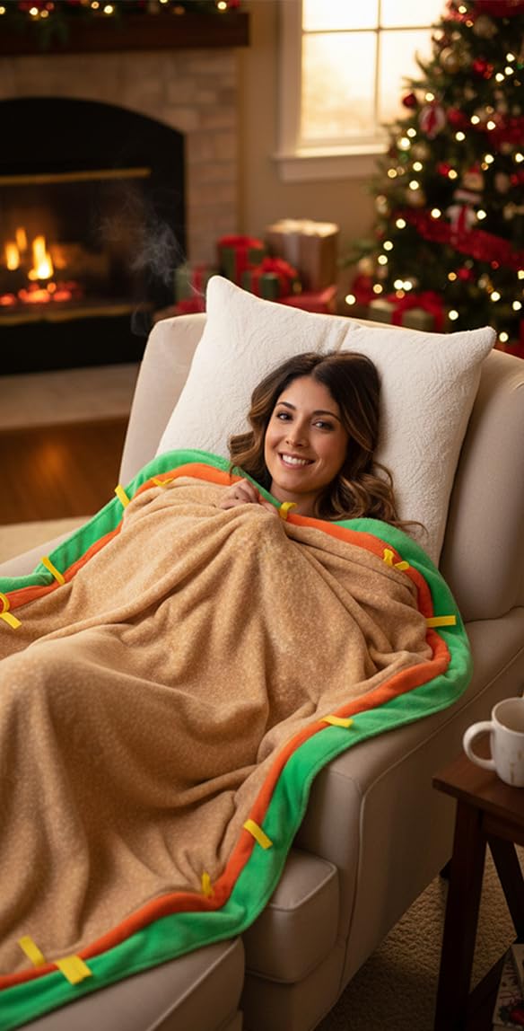 Person relaxing on sofa with Gilbins taco blanket