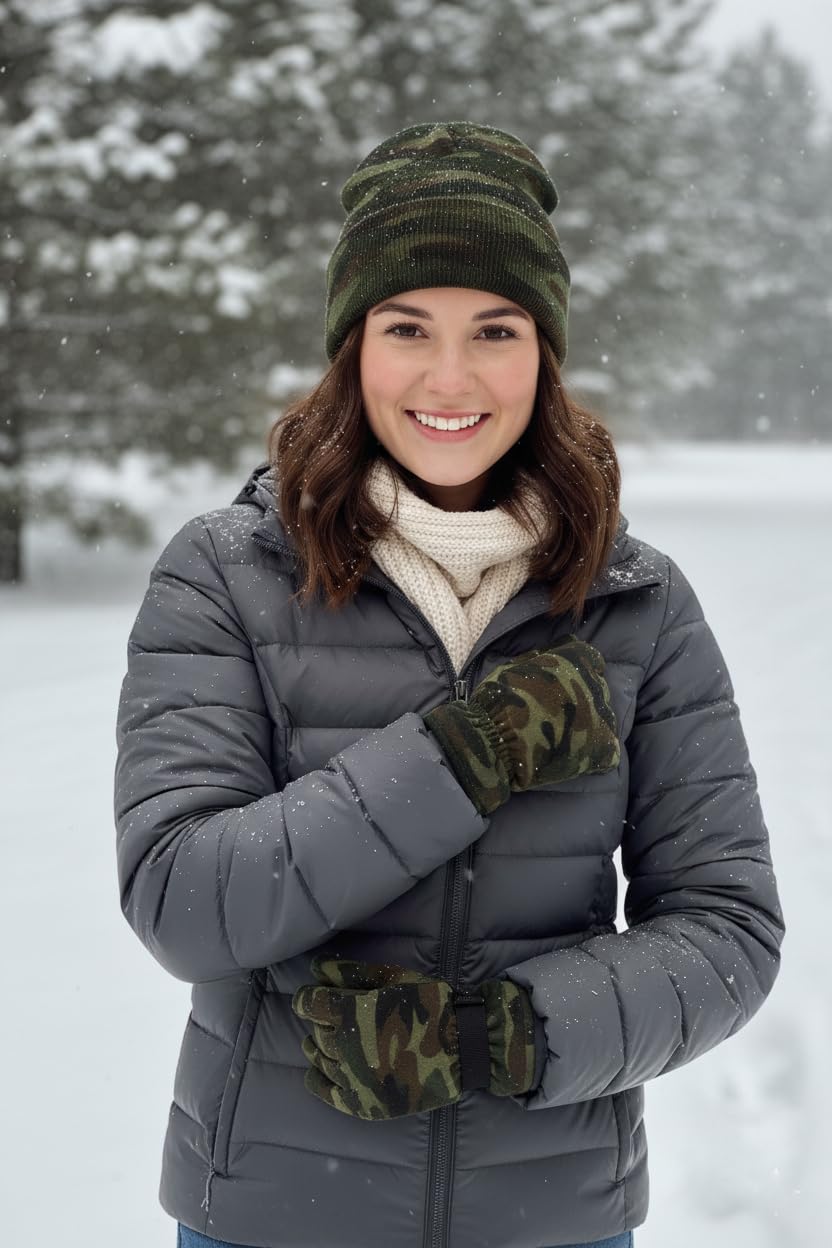 Gilbins beanie and gloves set on snowy trail, ideal for hunting or fishing