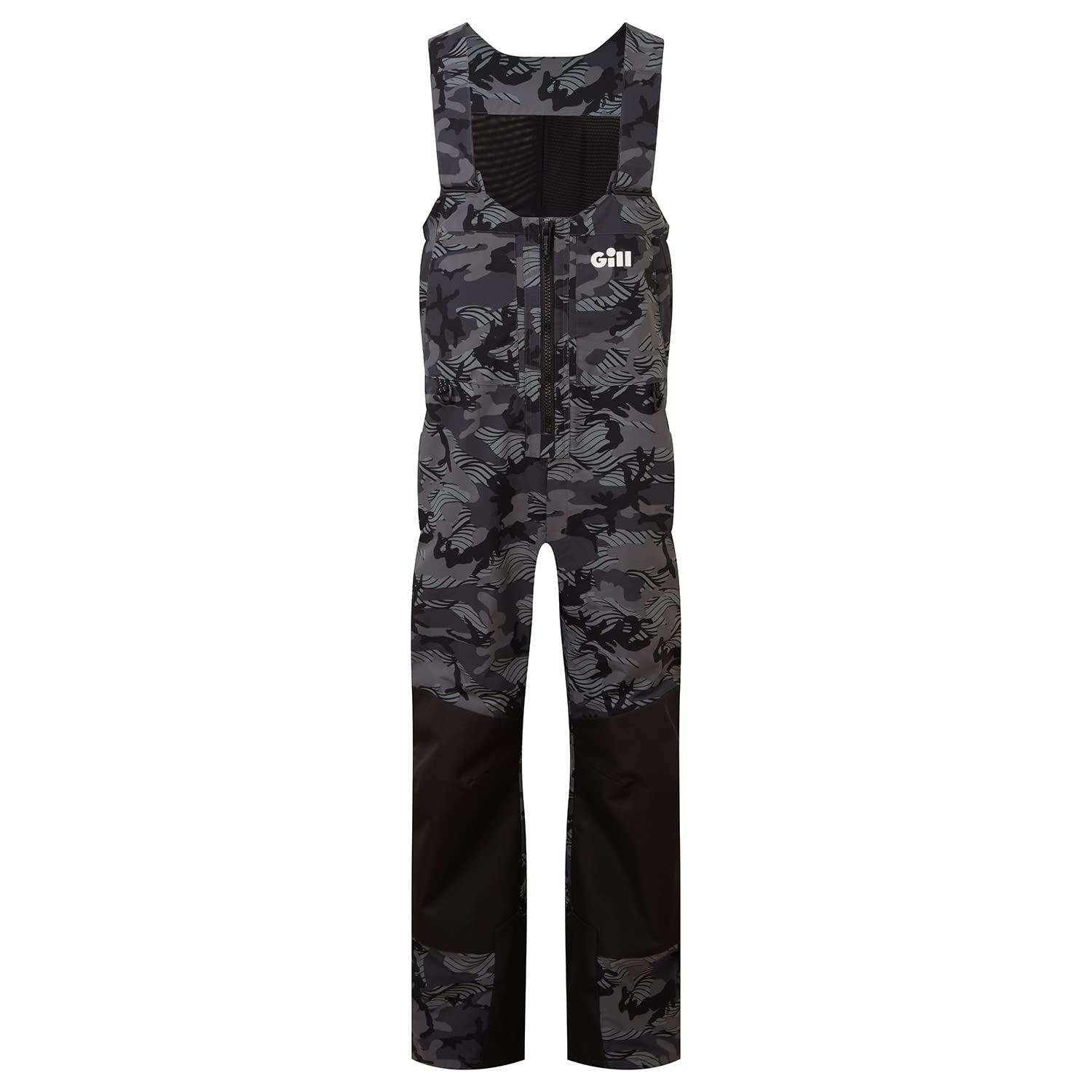 Gill Meridian-X bib shadow camo front view shows water-repellent fabric