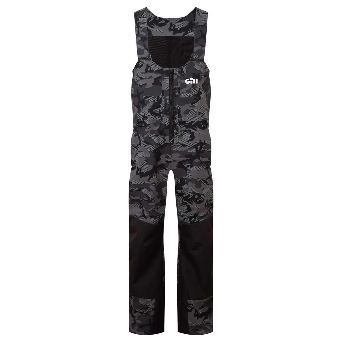 Gill Meridian-X bib shadow camo front view shows water-repellent fabric