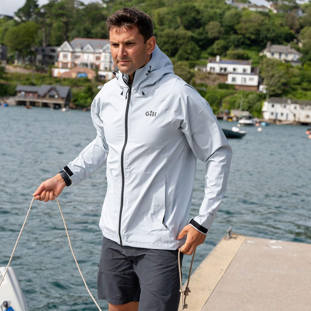 Gill Voyager Rain Jacket hood up demonstrates adjustable protection against unpredictable weather.