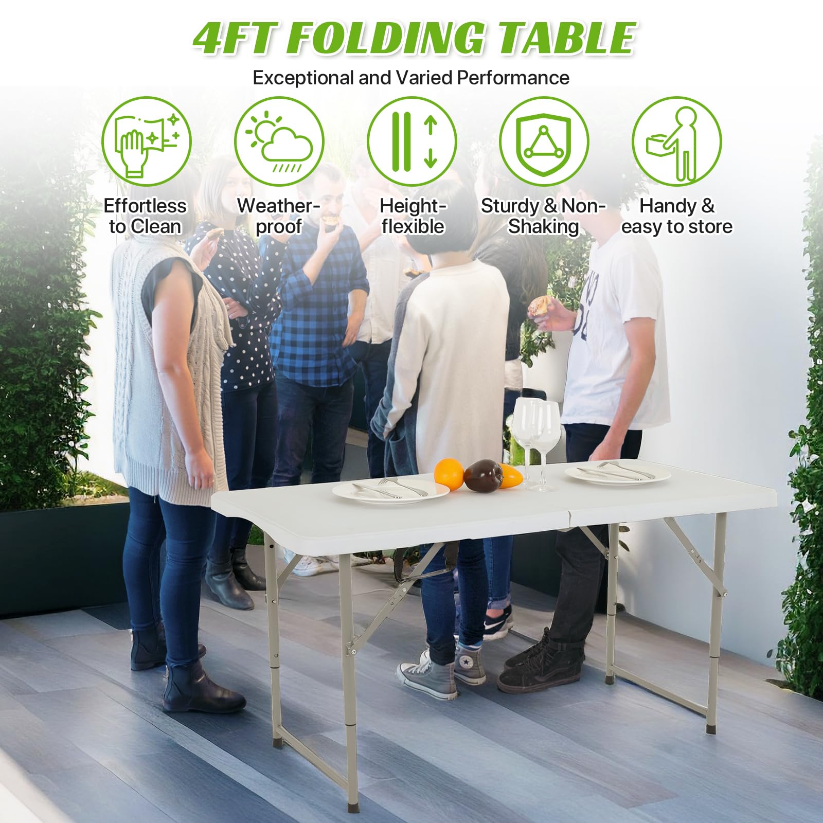 GINMAON 4ft folding table height adjustable from 19 to 29 inches.