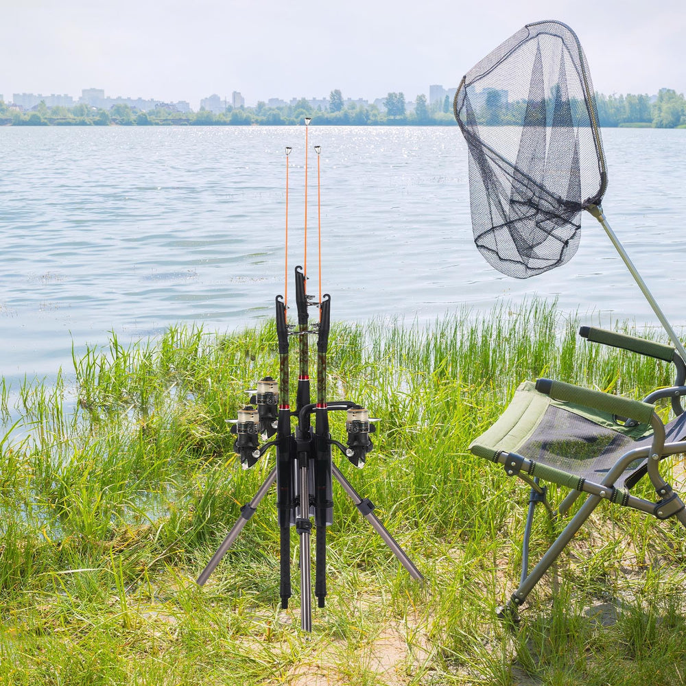 Carrier set up on beach or riverbank for fishing