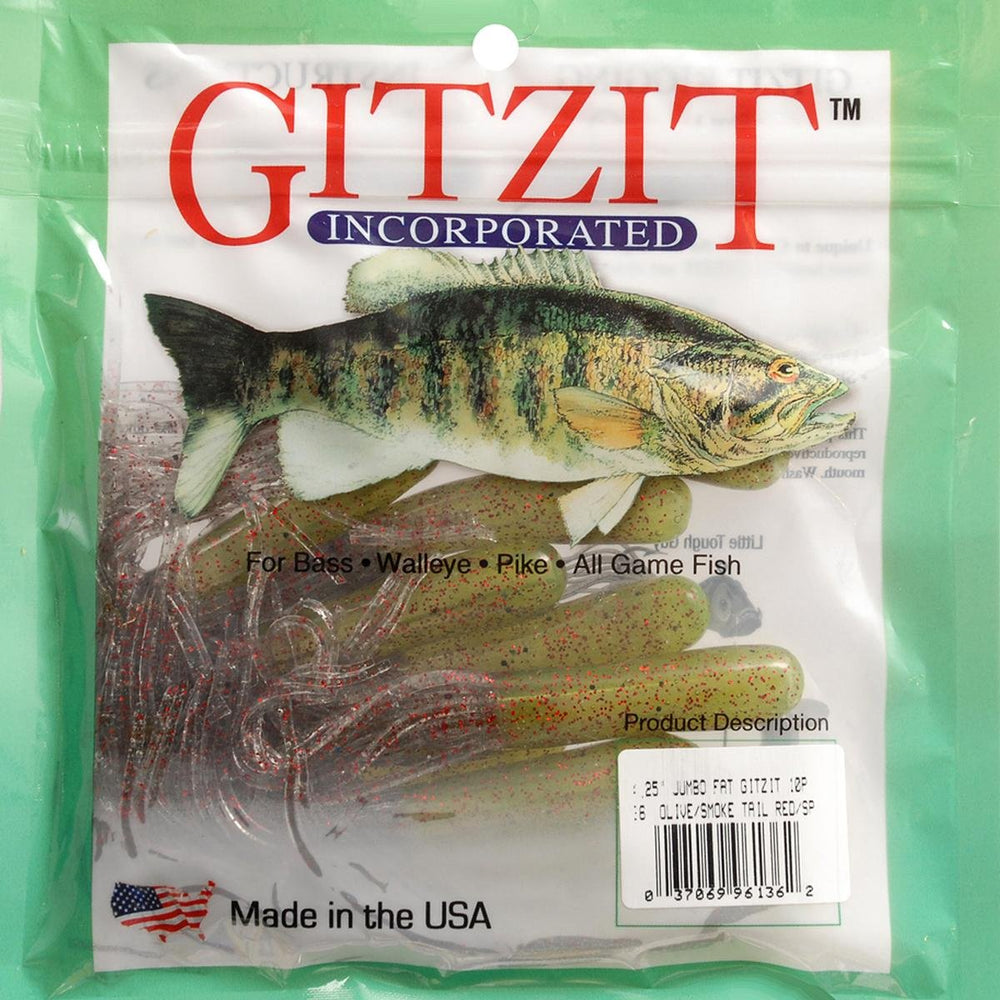 Gitzit lure in olive-smoke-red, a versatile soft plastic bait for fresh and saltwater fishing.