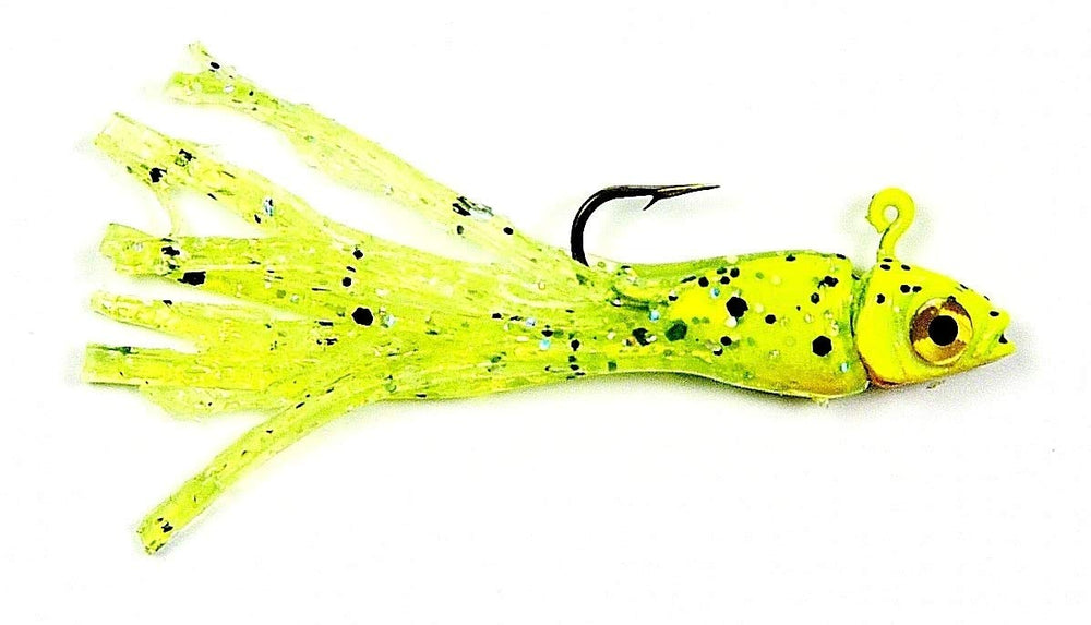 Gitzit Micro TL Tough Guy Chart jig head with foil eyes boosts flash for pan fish and trout
