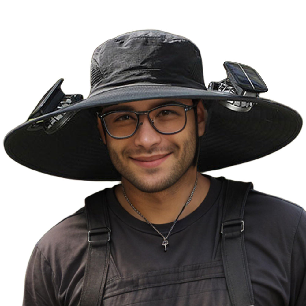 GL SUIT sun hat with solar fans front view for all-day outdoor cooling.