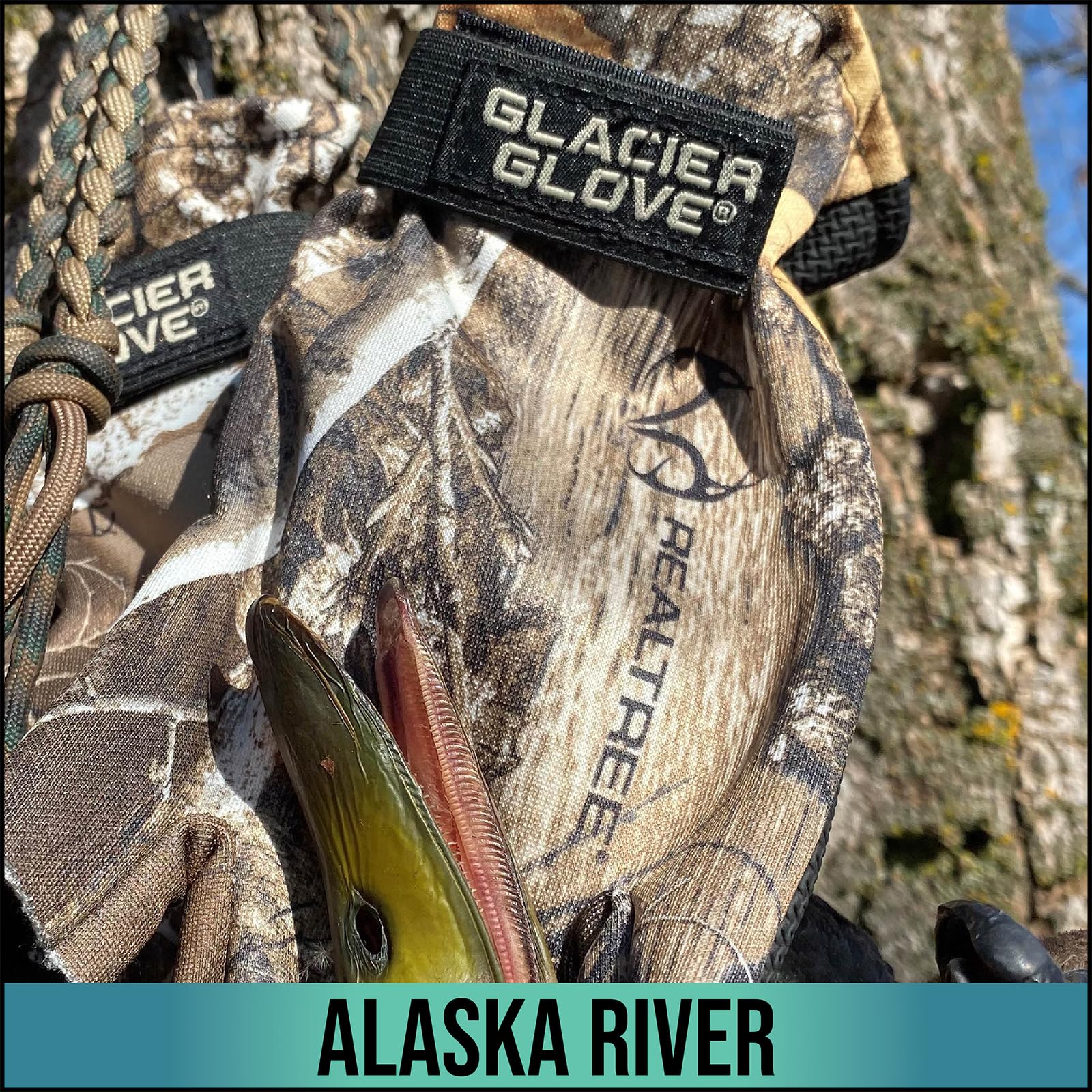 Glacier Glove Alaska River Realtree Edge pattern adds camouflage style for outdoor activities.