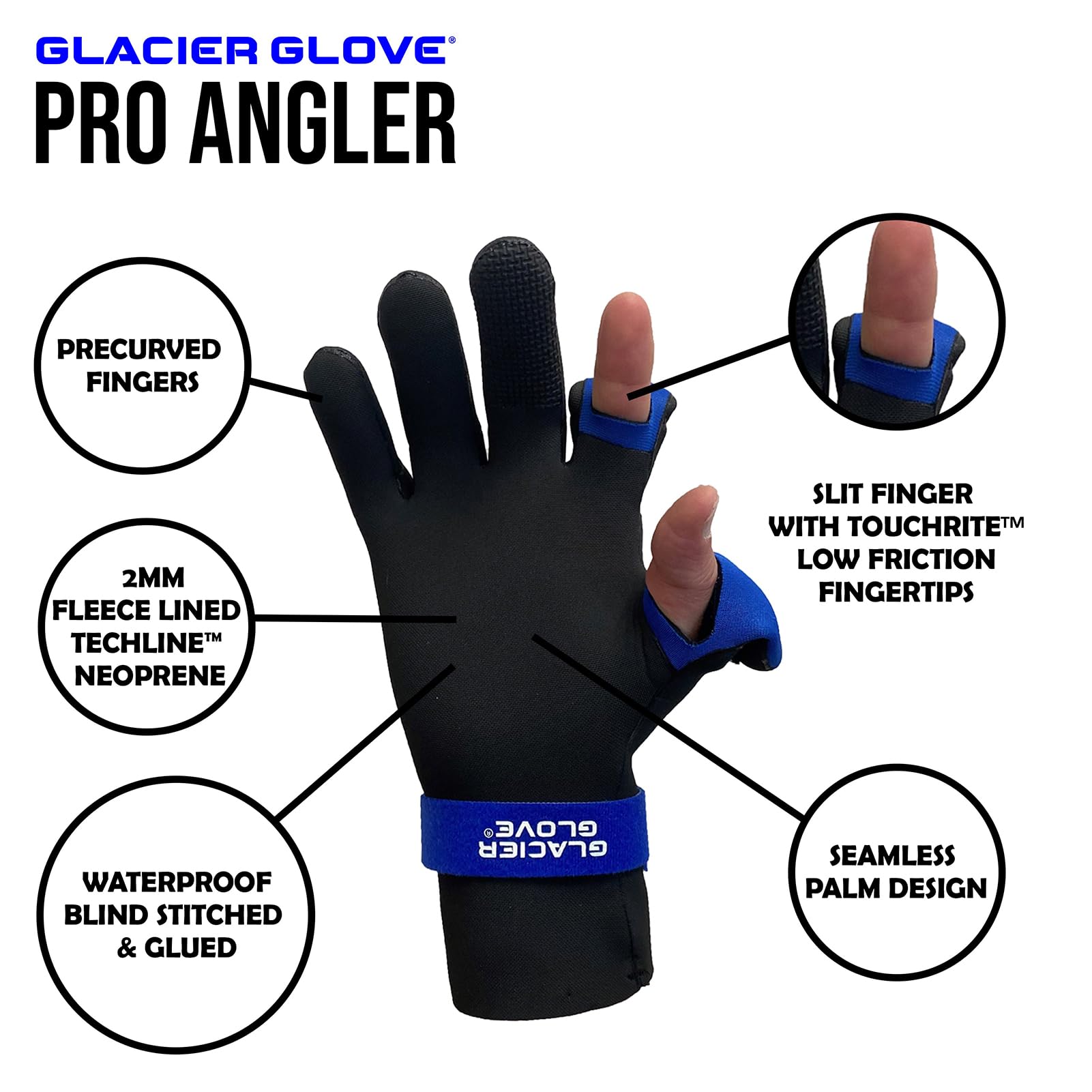 Slit index finger and thumb design on Pro Angler neoprene gloves