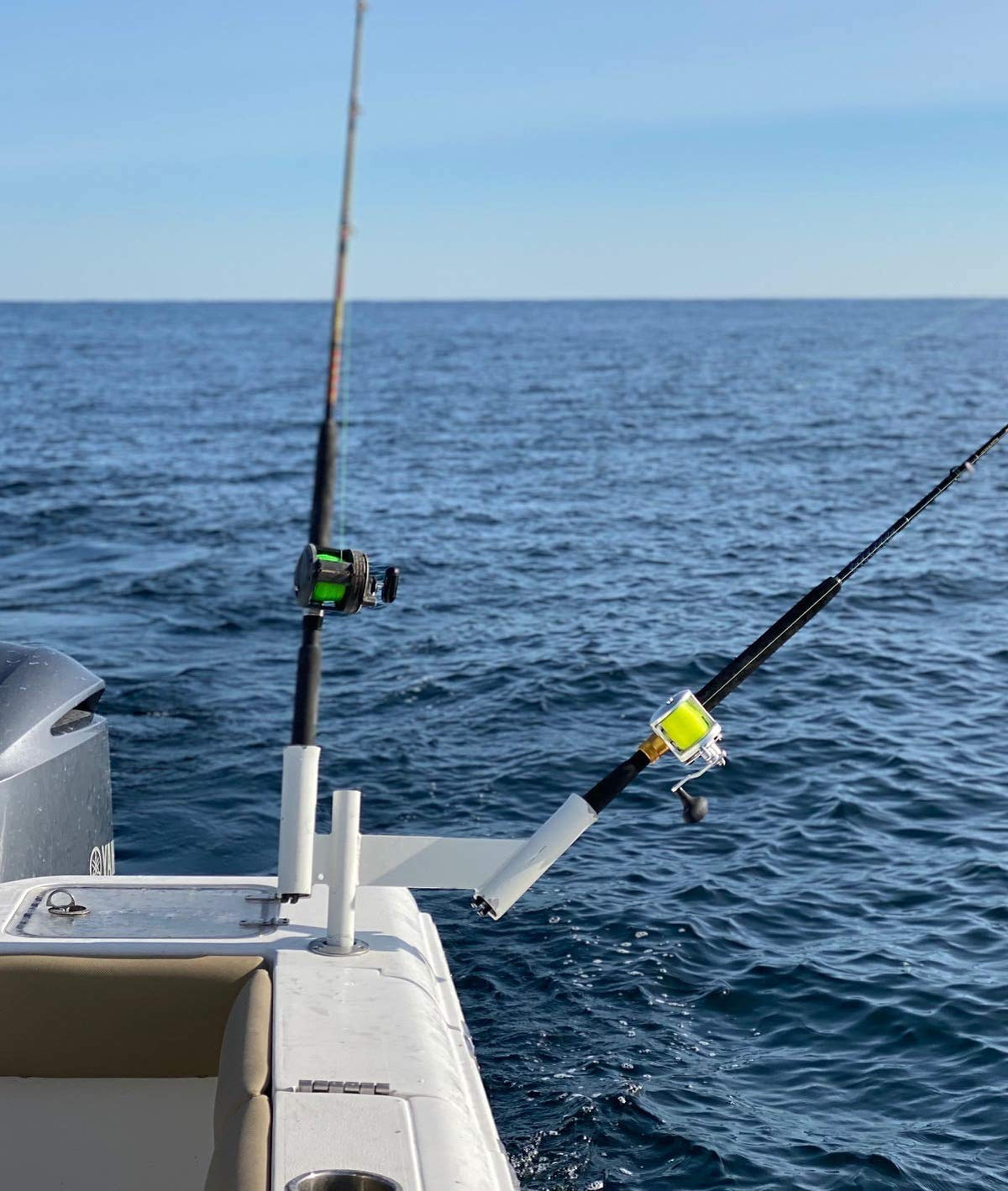 Glide Gear 1X dual offset spreader rod holder on a boat extends trolling spread
