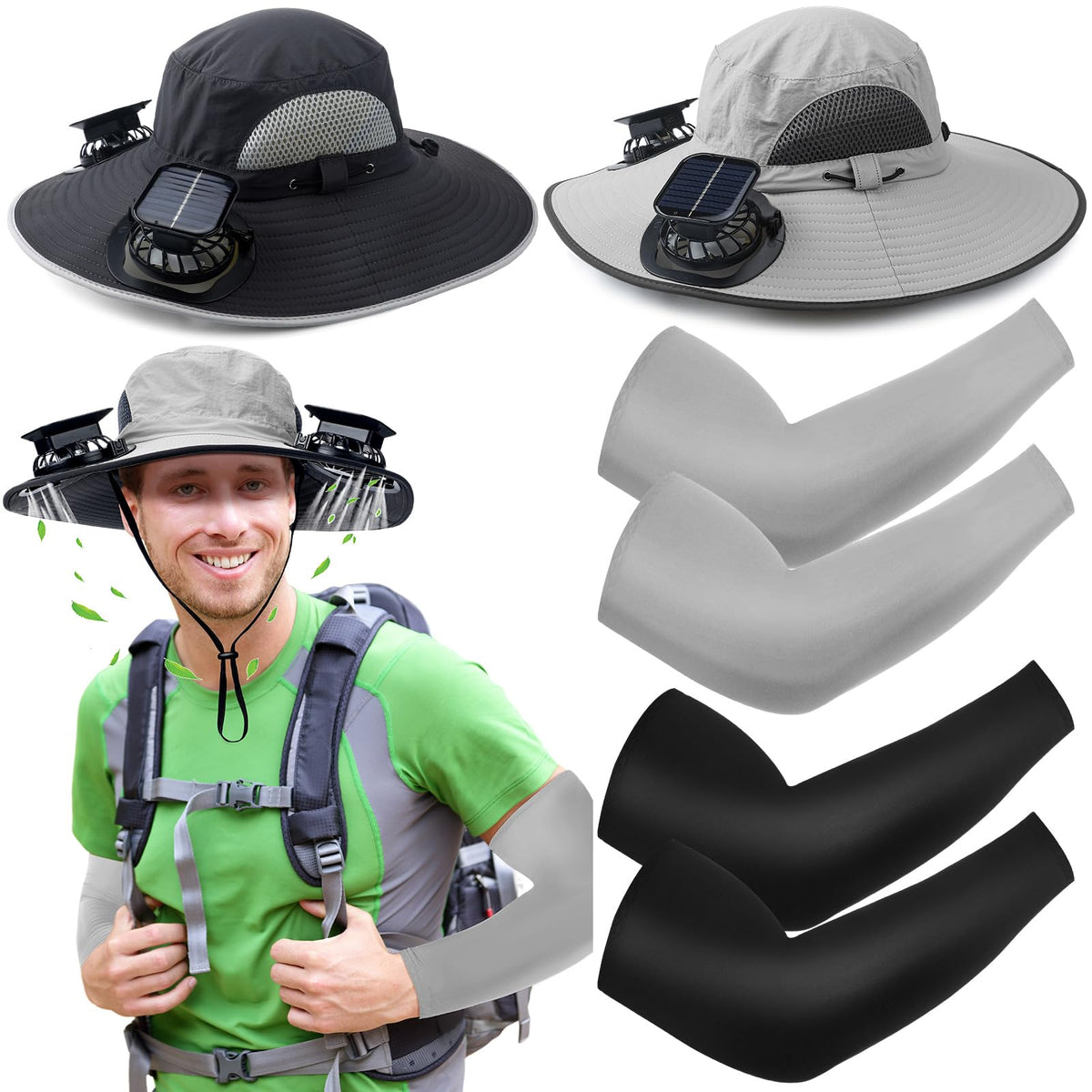 Glitopper 2-set wide brim solar fan hats in black and gray - front view