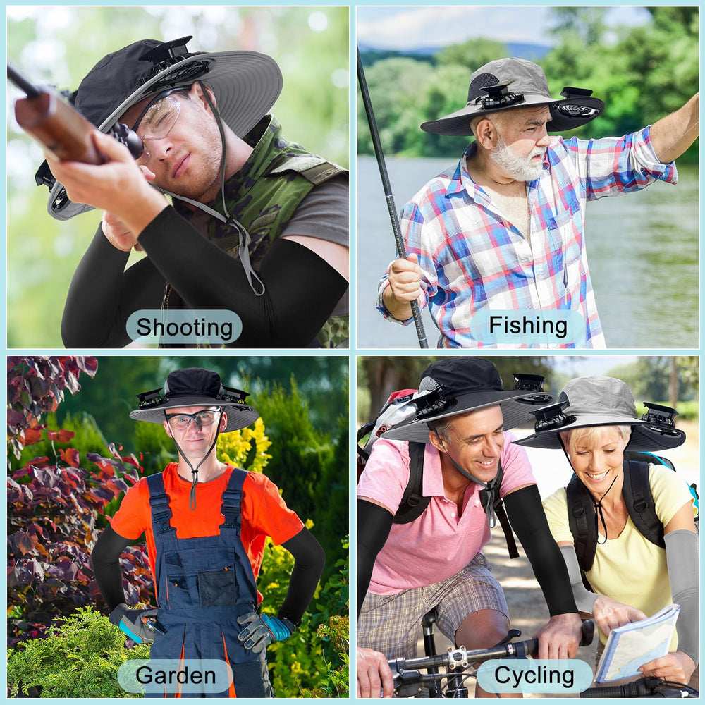 Outdoor usage scenarios: hiking, golfing, fishing with sun protection hat and sleeves